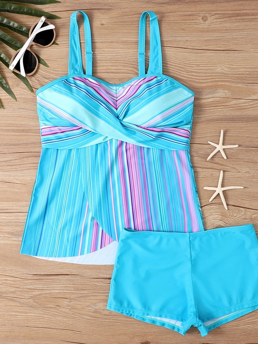 Damen Tankini 2-teilig Badeanzug Shorts Bauchkontrolle Hohe Taille Slim Rückenfrei Urlaub Strandbekleidung Ombre Gestreift V-Ausschnitt Ärmellose Badeanzüge 2026 - $19.99 –P5