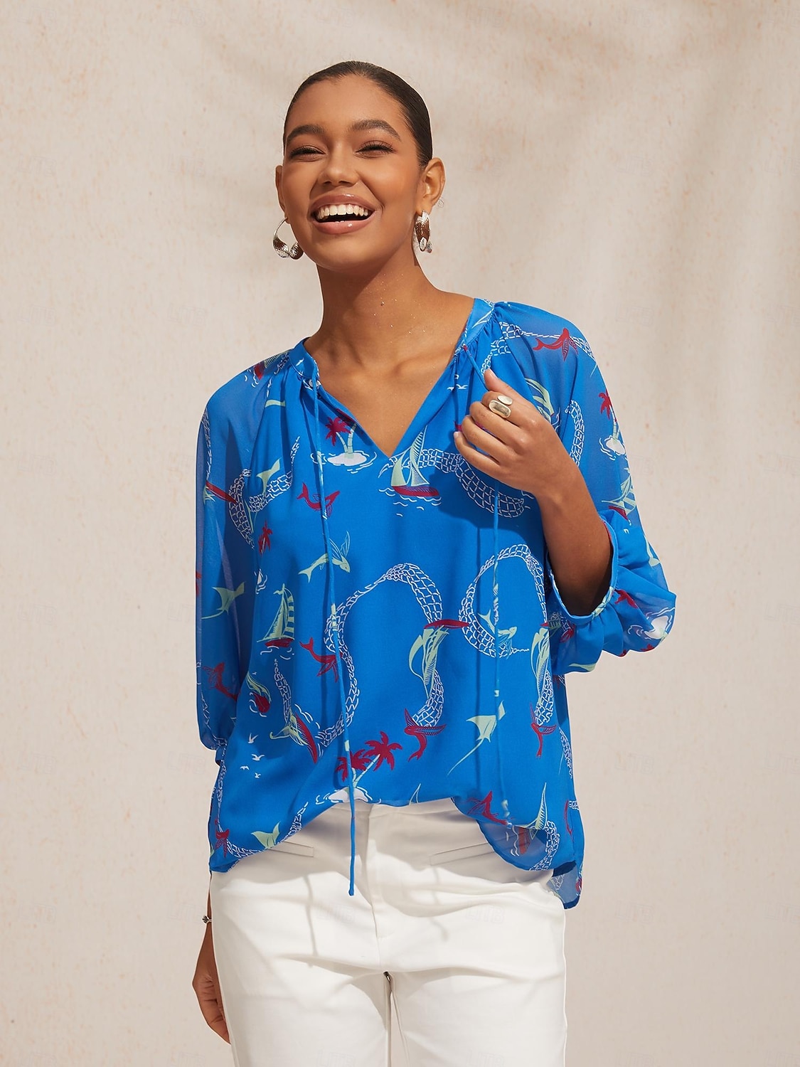 2026年 バケーション オーシャン エレメント プリント ルーズ シフォン ショート トップス  コレクション – $18.99 –P6