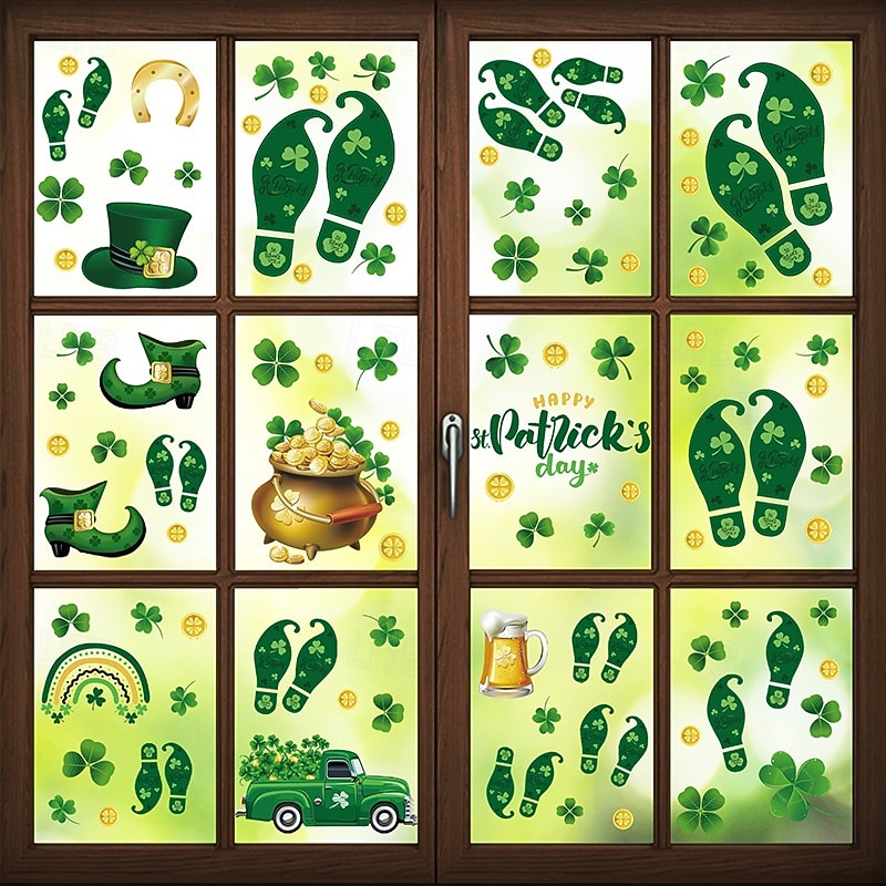 9 feuilles d'autocollants pour fenêtre sur le thème de la Saint-Patrick : trèfles, empreintes de chaussures de lutin, pièces d'or (autocollants statiques), décorations pour vitres sur le thème d'une de 2026 ? $10.99 –P1
