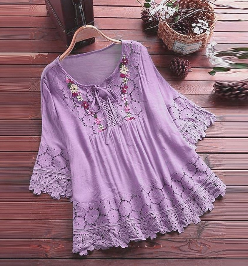 Γυναικεία Πουκάμισο Popover Casual πουκάμισο Μπλούζα Σουρωτά Δαντέλα Κουρελού Σκέτο Κομψό Μοντέρνα Κομψό στυλ street 3/4 Μήκος Μανικιού Στρογγυλή Ψηλή Λαιμόκοψη Λαιμόδεση Κανονικά μπλουζάκια 2026 - $9.49 –P4