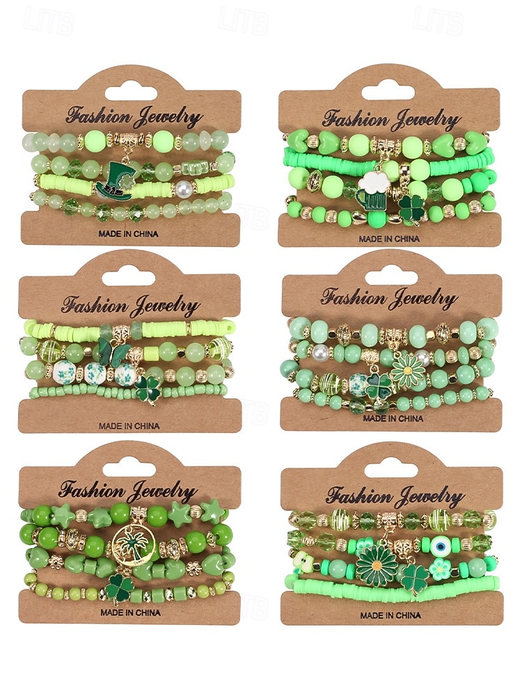 Conjunto de pulseiras femininas para o Dia de São Patrício, pulseiras empilháveis de várias voltas com contas verdes, estilo trevo da sorte, materiais de liga metálica e cristais sintéticos, joias festivas irlandesas para mulheres. de 2026 por $9.99 –P7