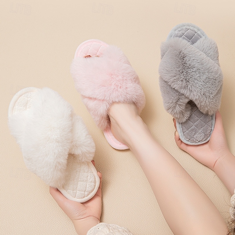 plyšové bavlněné pantofle pro ženy, zimní s křížovým páskem, vnitřní teplé měkké chlupaté domácí pantofle, útulná obuv 2026 - $17.99 –P2