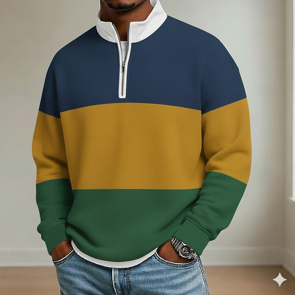 Homens Riscas Pólo Manga Longa Colarinho Clerical Roupa Esportiva Férias Roupa Esportiva Casual / Diário Impressão 3D Bloco de cor Primavera Outono Azul Preto Azul Marinha de 2026 por $22.99 –P1