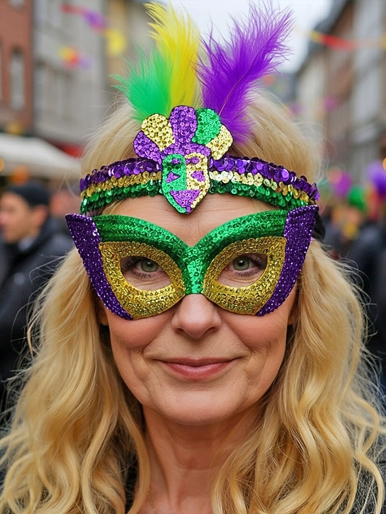 Dámská souprava masky a čelenky na karneval Mardi Gras z polyesteru s flitry – živé barvy s peřím ideální pro karneval a maškarní večírky 2026 - $9.99 –P2