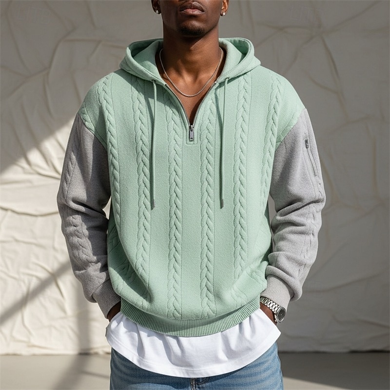 Voor heren Jacquard Trui met capuchon Hoodie met kwartrits Lichtgroen Lichtgrijs Capuchon Effen Lapwerk Kleurenblok Met Textuur Casual Dagelijks Sport & Outdoor Streetwear Stoer Sportkleding Herfst 2026 - $30.99 –P1