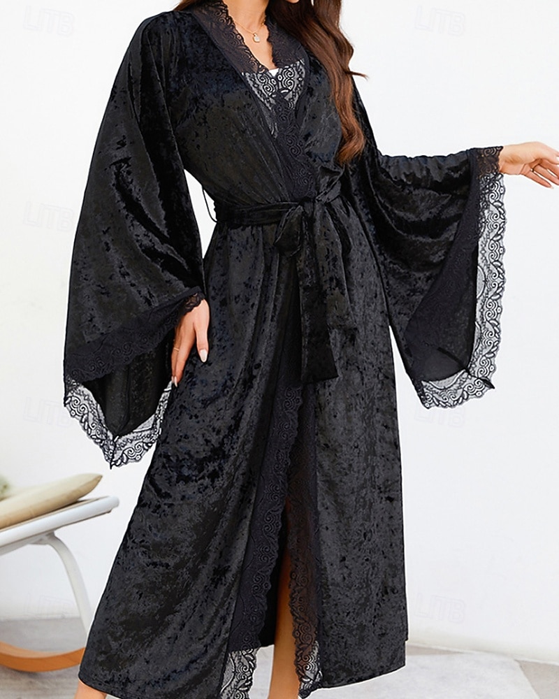 Women's Robe Casual Soft Satin Pure Color Lace Patchwork Daily Home Bed Long Sleeve V Neck Black White Wine Summer Spring Loose Fit 2026 - E£2245.39 –P7