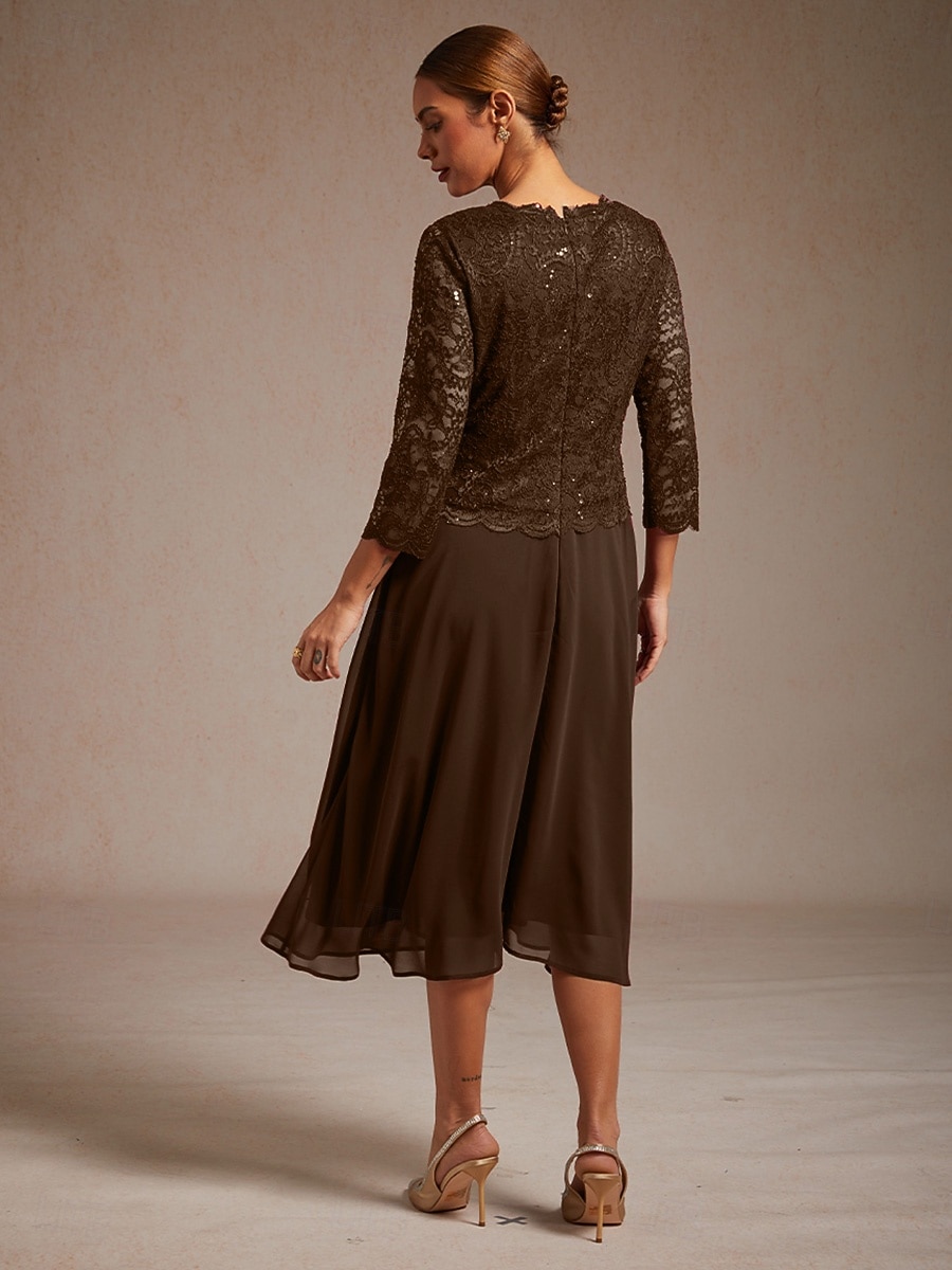 Per donna Abito Midi Vestito in Chiffon Abito a trapezio Elegante Ospite di nozze Cocktail party Allacciato Paillettes Vestibilità regolare Tinta unica Manica 3/4 Girocollo Caffè del 2026 a $103.99 –P2