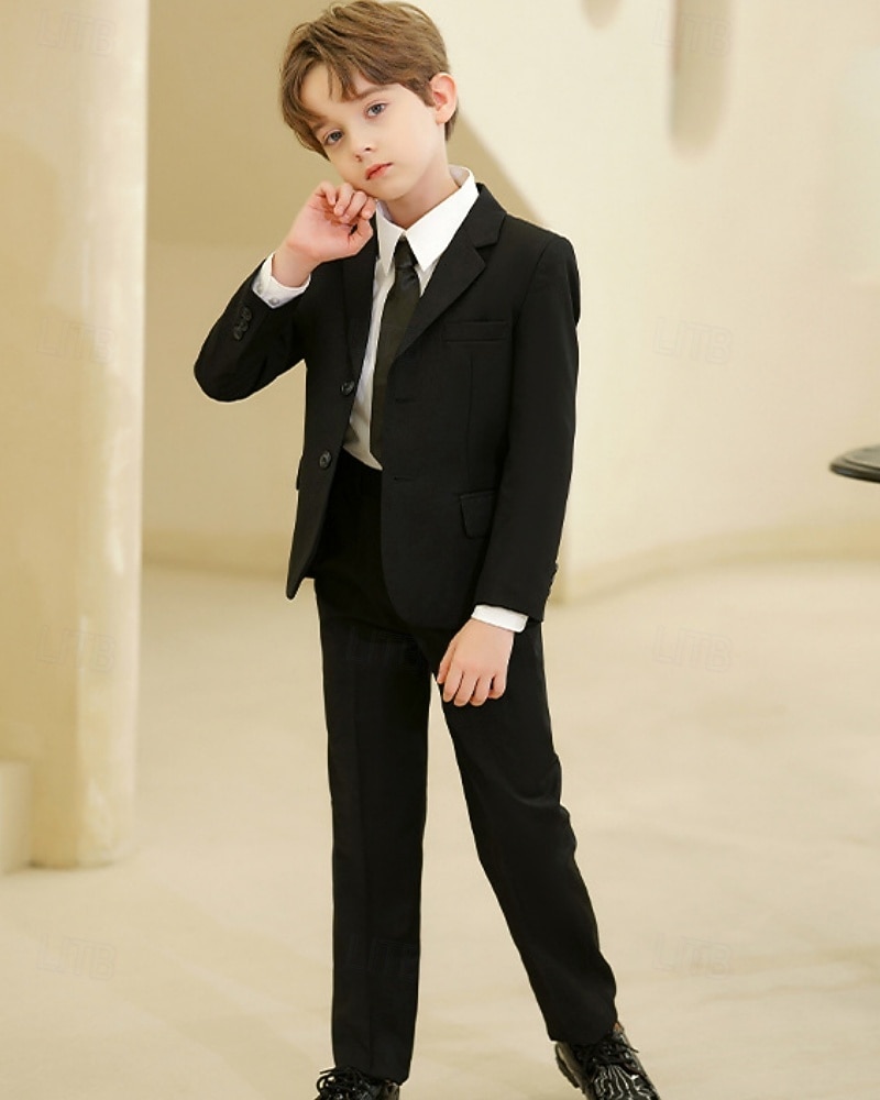 5 Pieces Ring Bearer Suit Boys' Kids Suit Blazer & Vest & Pants & Shirt & Tie Boy's Formal Suit Casual Outdoor Party Fashion Cool Basic Solid Color Pocket Buttons Black Navy Blue Polyester 2026 - $64.99 –P8