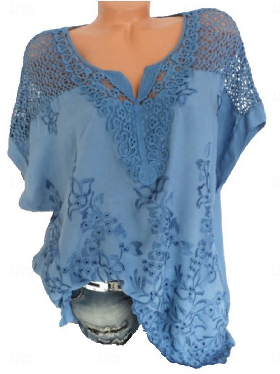 Per donna Maglietta Pizzo Patchwork Semplice Moda Elegante Classico Manica Corta Scollo a V Top Regolari Quotidiano Weekend Blu Nero Bianco Rosso Grigio Estate Primavera del 2026 a $21.99 –P4