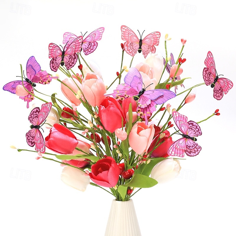3 ks umělých stonků tulipánů, umělé květiny na Den matek, Den žen, Valentýna, svatbu, bytové dekorace, zeleň, motýlí akcenty, květinová aranžmá 2026 - $28.99 –P1
