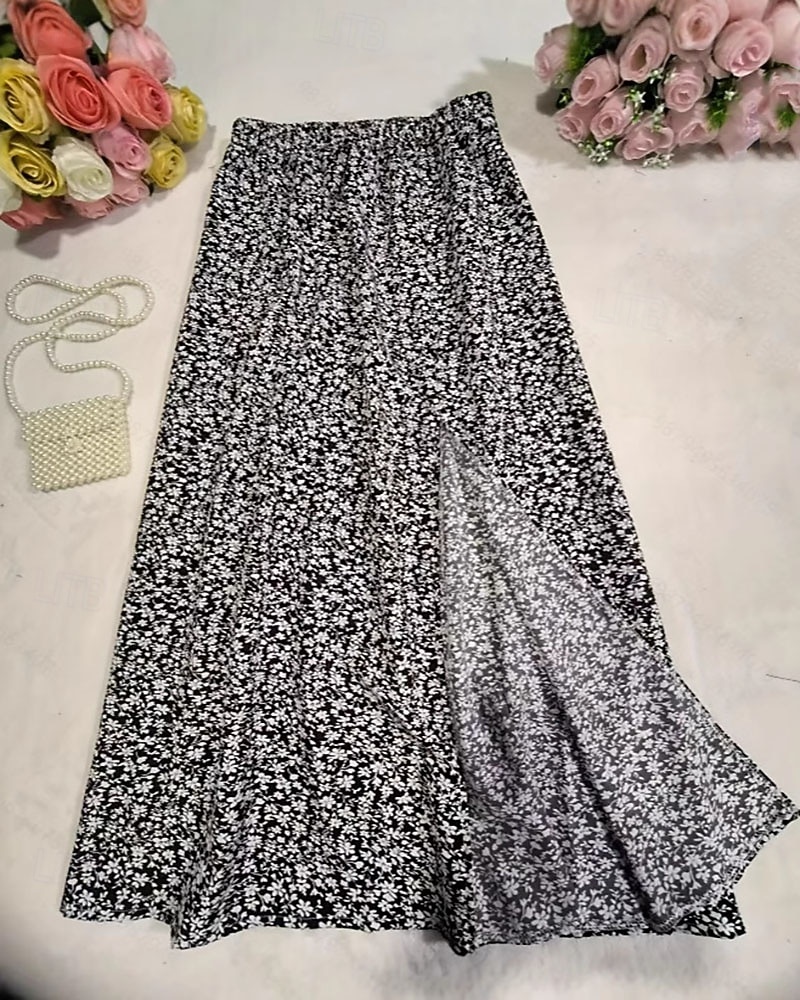 Women's Elegant Fashion Casual Maxi High Waist Skirts Floral Print Split Ends Micro-elastic Stretchy Daily Street Black Pink Summer 2026 - $14.99 –P3
