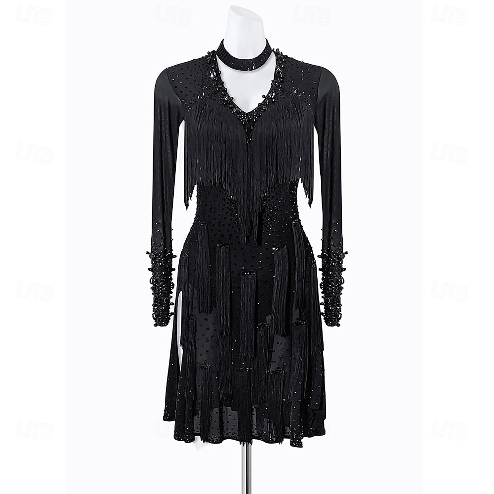 Γυναικείο μαύρο φόρεμα λάτιν χορού με χάντρες και κρόσσια - ασύμμετρη στολή χορού με μακριά μανίκια και λαιμόκοψη choker 2026 - $255.89 –P1