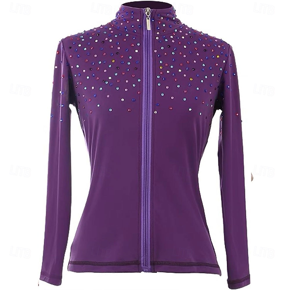 2026年 フィギュアスケート フリース ジャケット レディース ガールズ アイススケート ジャケット トップ パープル ストレッチ トレーニング 競技 スケートウェア 保温 暖かい クリスタル/ラインストーン 長袖 アイススケート フィギュアスケート  コレクション – $106.99 –P2