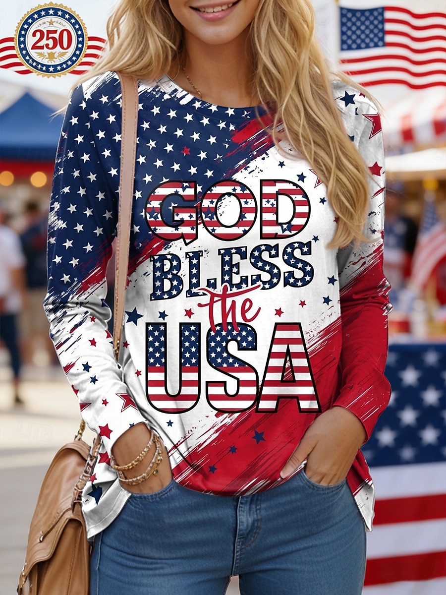 Jour de l'Indépendance Patriote T-shirt Femme Graphique Drapeau Élégant Décontracté Manches Longues Col Ronde Tops Quotidien Impression Bleu Blanc Rouge Été Printemps de 2026 ? $24.99 –P1