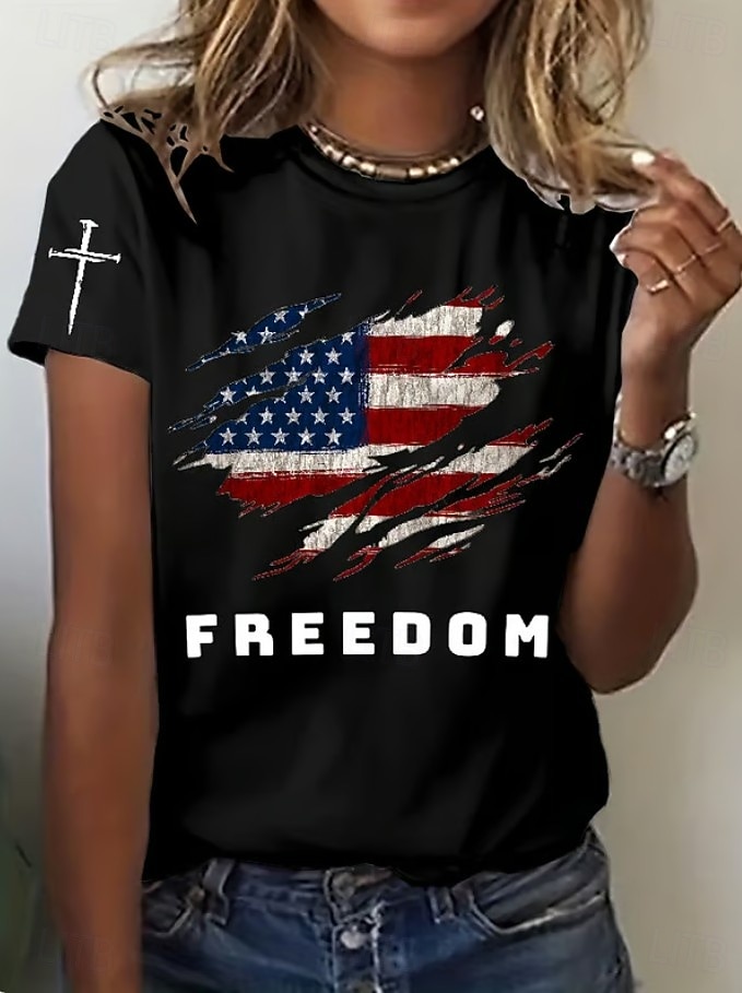 Independensdagen Patriotiska Kvinnor T-shirt Grafisk Flagga Flagga Vintage Stylistisk Klassisk Kortärmad Crew Neck Rund Hals Reguära Toppar Dagligen Helg Tryck Blå Svart Vit Röd Grå Sommar Vår 2026 - $22.99 –P6