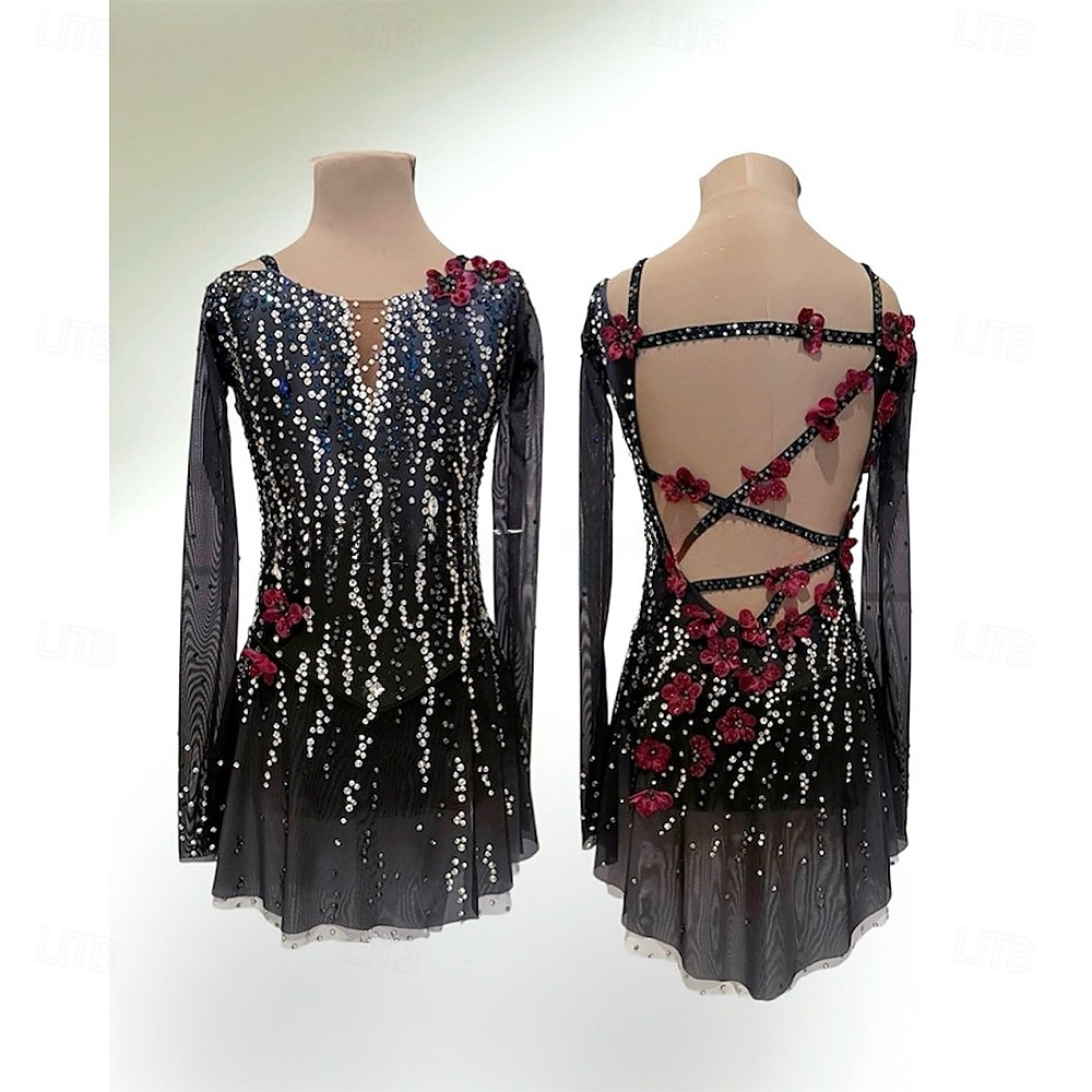 Rochie de Patinaj Artistic Pentru femei Fete Πατινάζ στο πάγο Rochii Negru Peteci Deschide Înapoi Spandex Plasă Înaltă Elasticitate Antrenament Competiție Ținută Patinaj Clasic Cristale / Strasuri 2026 - $359.39 –P1