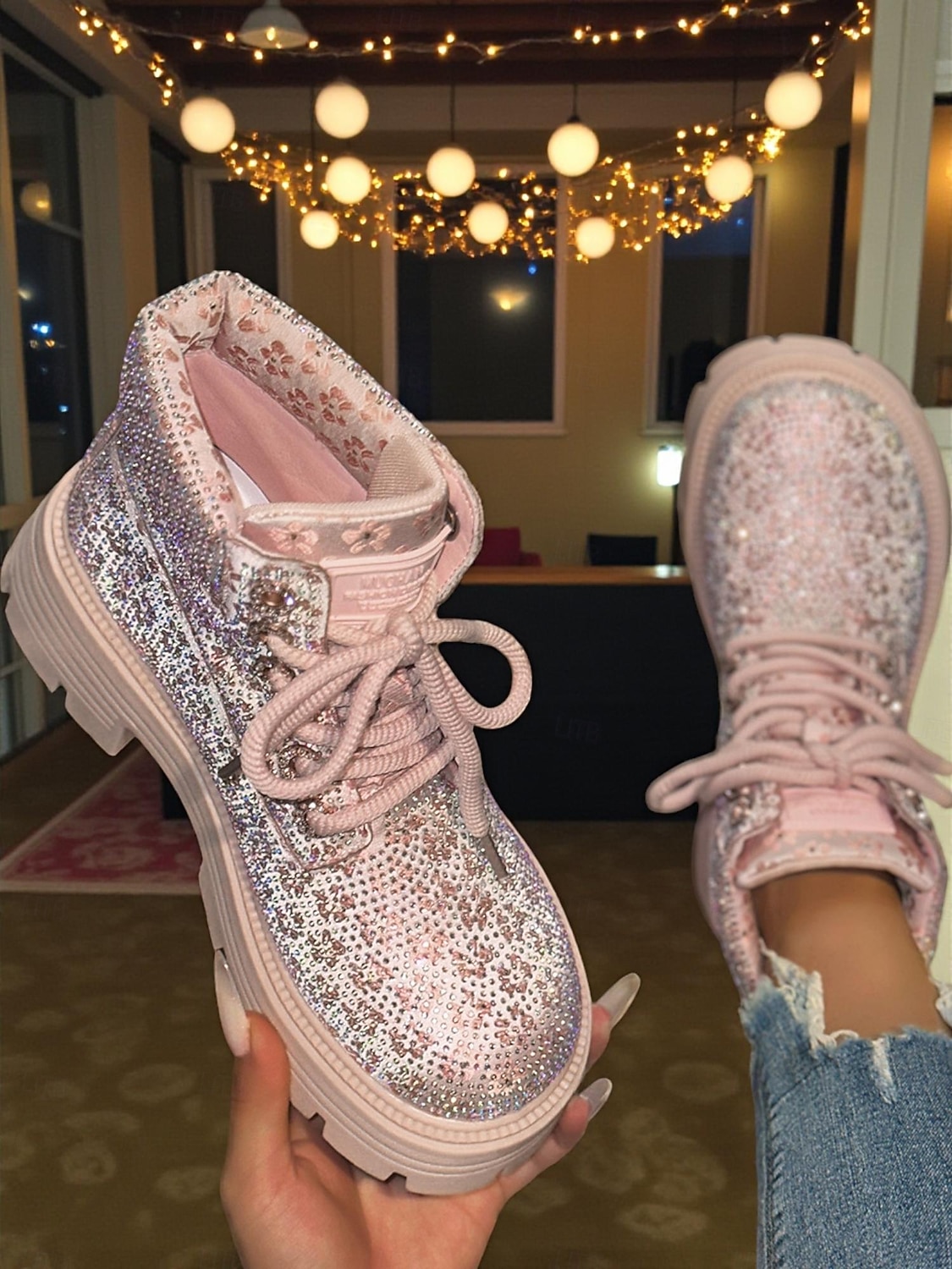 stivaletti allacciati con glitter da donna - stivali da combattimento con plateau e strass scintillanti, stile trendy per la vita notturna, per feste e club &abiti da sera del 2026 a $59.99 –P2