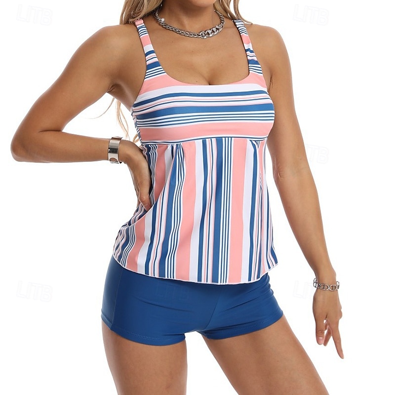 Per donna Costume da bagno Tankini Costume da bagno a due pezzi A righe Controllo della Pancia Elastico Senza Maniche Costume da Bagno Surf Spiaggia Vacanze Estate del 2026 a $18.99 –P9
