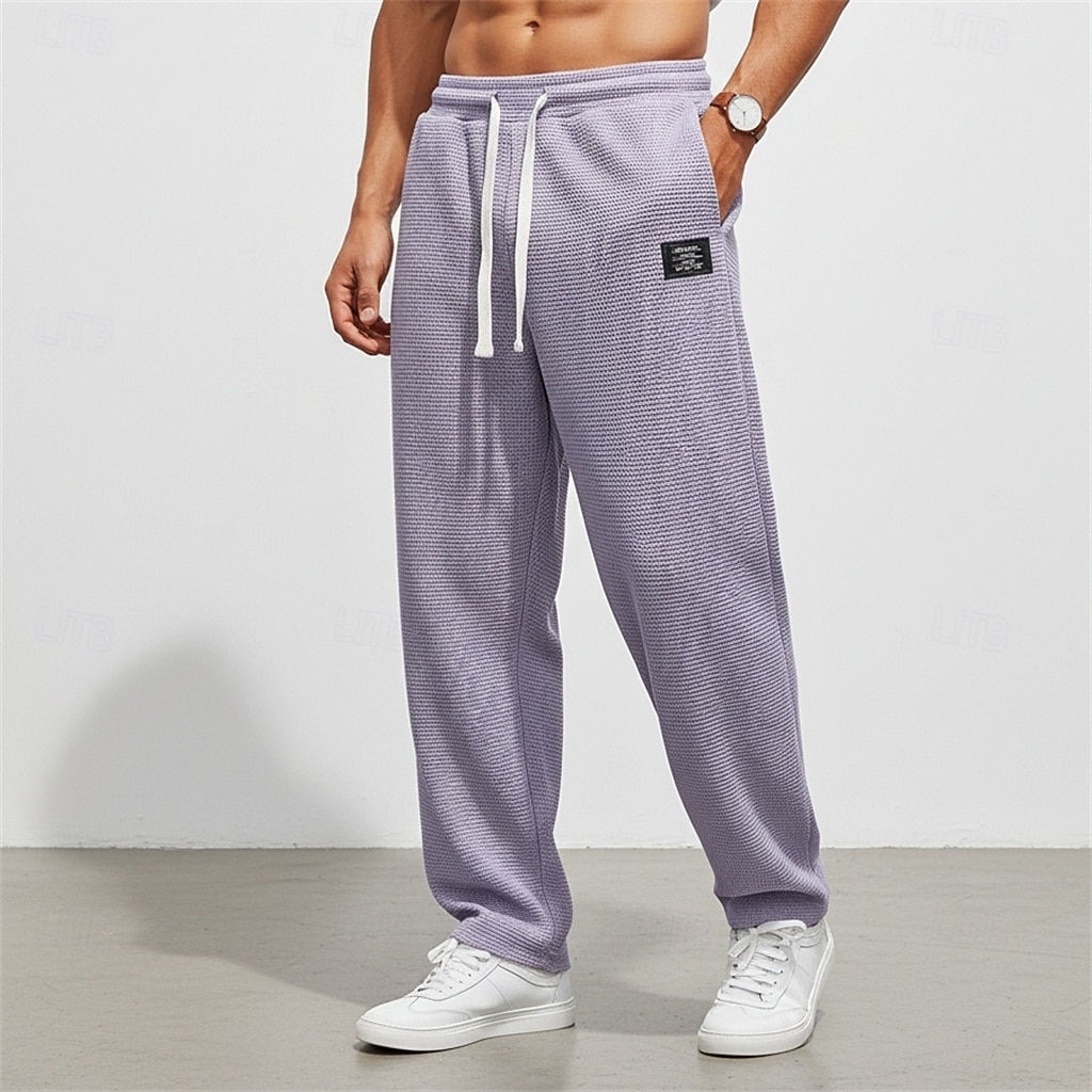 Men's Waffle Sweatpants Trousers Baggy Pants Straight Leg Sweatpants Drawstring Elastic Waist Solid Color Comfort Full Length Daily Outdoor Streetwear Vacation Fashion Black White Micro-elastic 2026 - $25.99 –P15