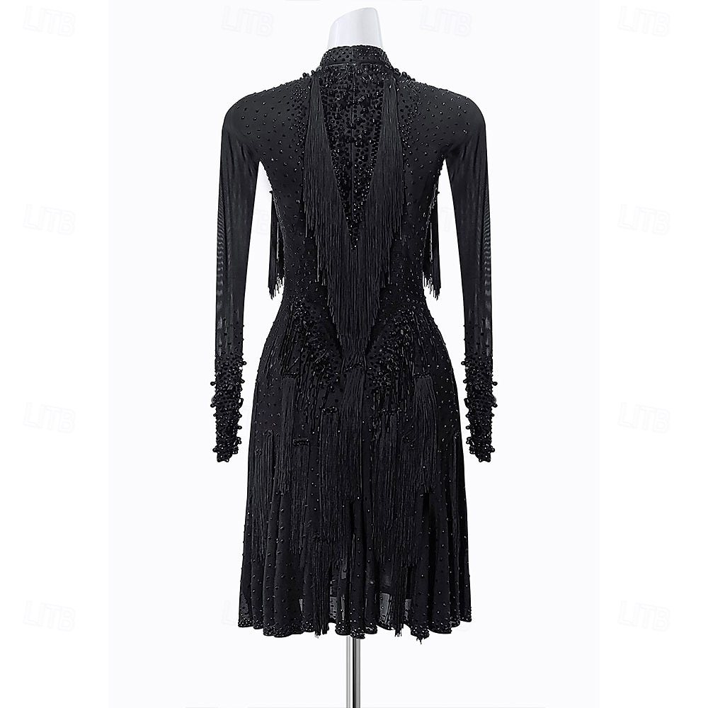 Latin Dance Dress Tassel Splicing Crystals / Rhinestones Women's Training Performance Long Sleeve High Spandex Polyester 2026 - $255.89 –P3