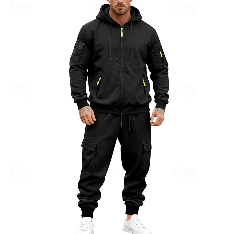 Men's Hoodie Tracksuit Hoodie & Pants Set Hoodie Daily Outdoor Vacation Daily Wear Drawstring Zip Up Plain Black Navy Blue Khaki Activewear Sports Fashion Fall 2026 - $54.99 –P7