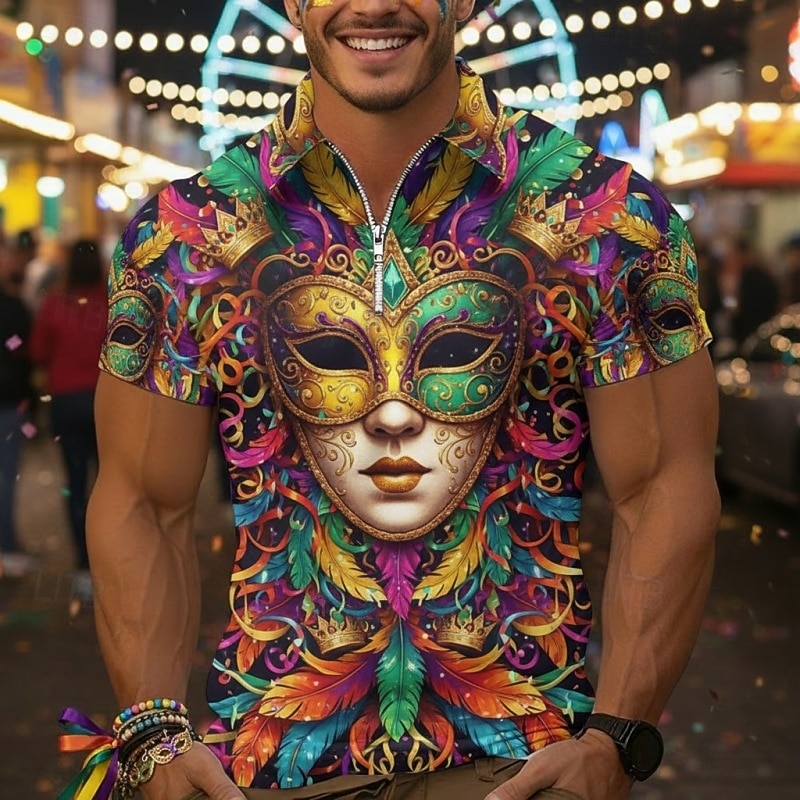 Per uomo Polo Polo con zip a un quarto Quotidiano Carnevale Zip a un quarto Manica Corta Moda Essenziale Grafico Maschera Stampa 3D Estate Primavera Vestibilità su misura Viola scuro Oro Viola Polo del 2026 a $17.99 –P2