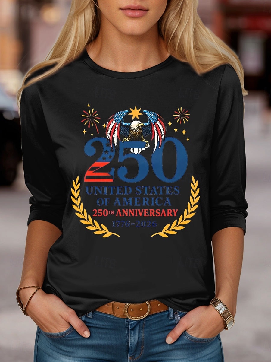 Independensdagen Amerikansk Jubilé Patriotisk Dam T Shirt Grafisk USA Flagga Mode Stilig Klassisk Långärmad Rundhals Daglig Helgtryck Svart Vit Röd Sommar Vår Höst 2026 - $24.99 –P1