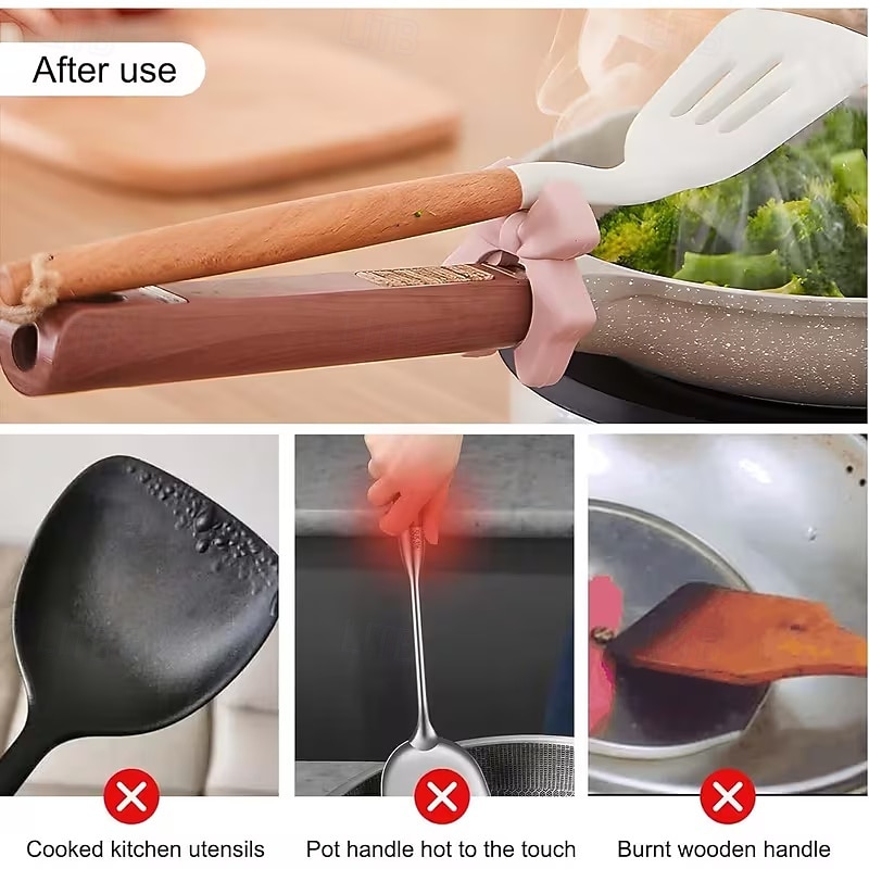 2 ks silikonových podpěr na poklici ve tvaru mašle, roztomilý růžový design mašle, bezpečné uchycení lžiček &metly, držák na kuchyňské náčiní, držák na kuchyňské náčiní, prostorově úsporný kuchyňský 2026 - $10.49 –P10