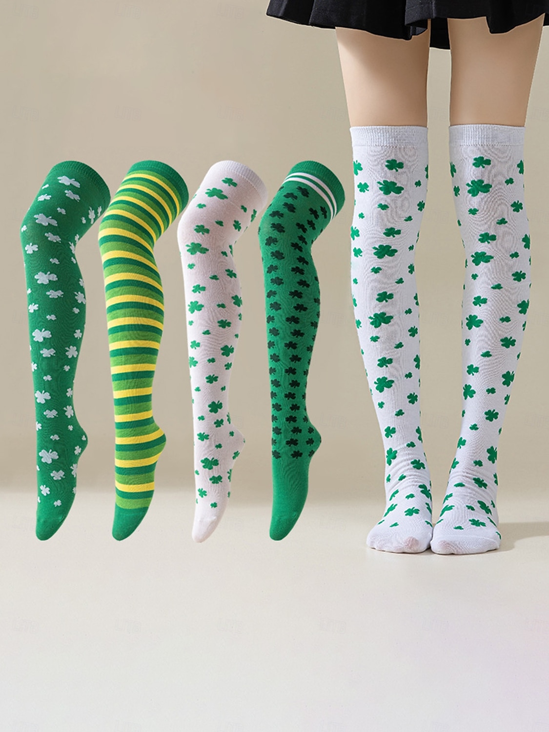Dámské ponožky ke Dni svatého Patrika (4 ks) - zelený trojlístek &pruhované ponožky nad kolena, slavnostní irské kostýmní punčochové zboží na přehlídku, večírek &oslava svátků 2026 - $14.99 –P2