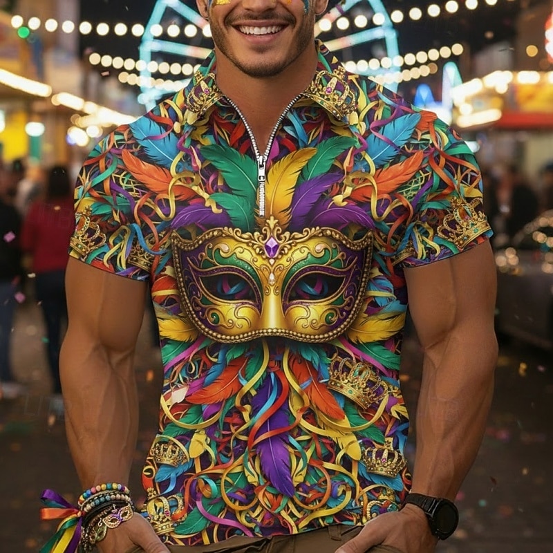 Per uomo Polo Polo con zip a un quarto Quotidiano Carnevale Zip a un quarto Manica Corta Moda Essenziale Grafico Maschera Stampa 3D Estate Primavera Vestibilità su misura Viola scuro Oro Viola Polo del 2026 a $17.99 –P3