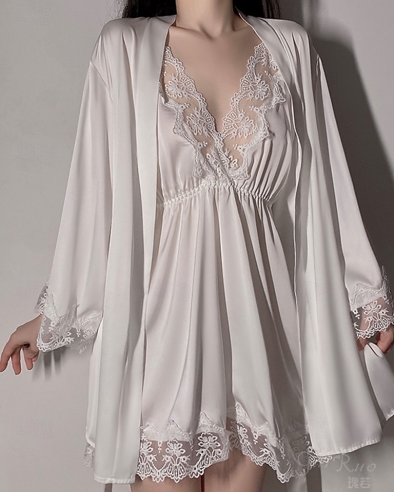 Femmes Robe Chemise de Nuit Ensemble Pyjama Occasionnel Doux Satin Couleur Unie Dentelle Robes Quotidien Maison Lit manche longue Bretelles Noir Blanche Rose Claire Vin Marron Été Coupe régulière de 2026 ? $24.99 –P5