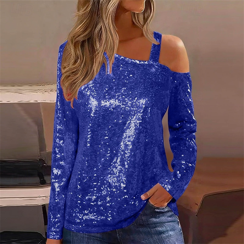 Damen Bluse Elegante Oberteile Pailletten-Oberteile Gerafft Pailletten Patchwork Einfarbig Einfach Elegant Vintage Stilvoll Langarm Asymmetrisch Normale Oberteile Täglich Arbeit Ausgehen Blau Schwarz 2026 - $12.99 –P3