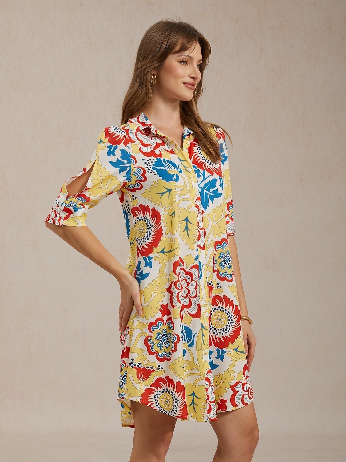 Vacation Satin Yellow Floral Print Shirt Mini Dress 2026 - $91.99 –P8