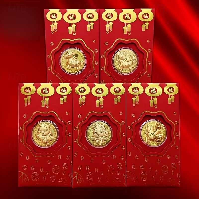 5 ks pamětních mincí k roku 2026 (náhodný styl) 100 juanů, červené obálky, zlatá fólie, čínský Nový rok, štěstí, peněžní tašky, kulturní zboží 2026 - $15.99 –P1