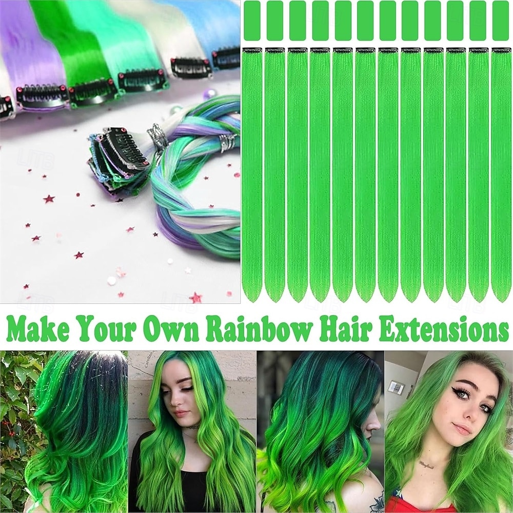Green Wigs 12 PCS Green Hair Extensions Clip in 22 Inch Colored Hair Accessories Party Highlights Long Straight Synthetic Hairpieces for Women Girls 2026 - $14.49 –P4