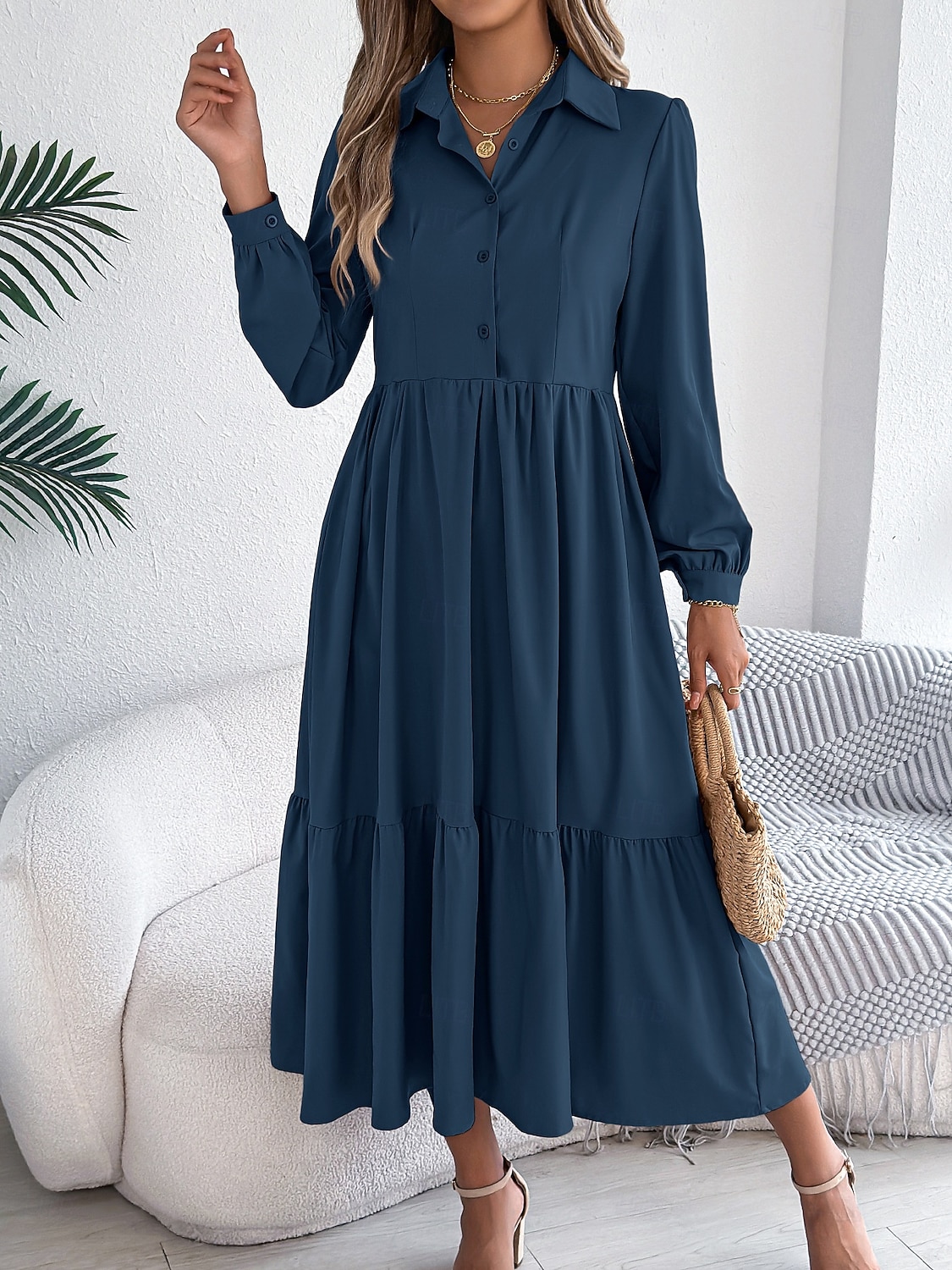 Women's Midi Dress A Line Dress Casual Daily Regular Fit Plain Long Sleeve Lapel Blue Navy Wine Green Spring 2026 - $36.99 –P7