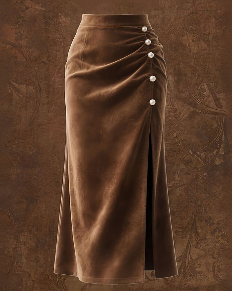 Women's Elegant Fashion Casual Maxi High Waist Skirts Plain Split Ends Micro-elastic Daily Street Brown Fall 2026 - $39.99 –P3