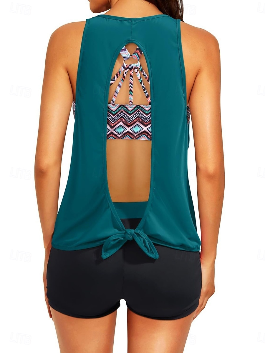 Costume da bagno a tre pezzi da donna tankini con pantaloni controllo pancia vita alta slim schiena scoperta vacanza mare con grafica floreale scollatura a U senza maniche del 2026 a $33.99 –P7