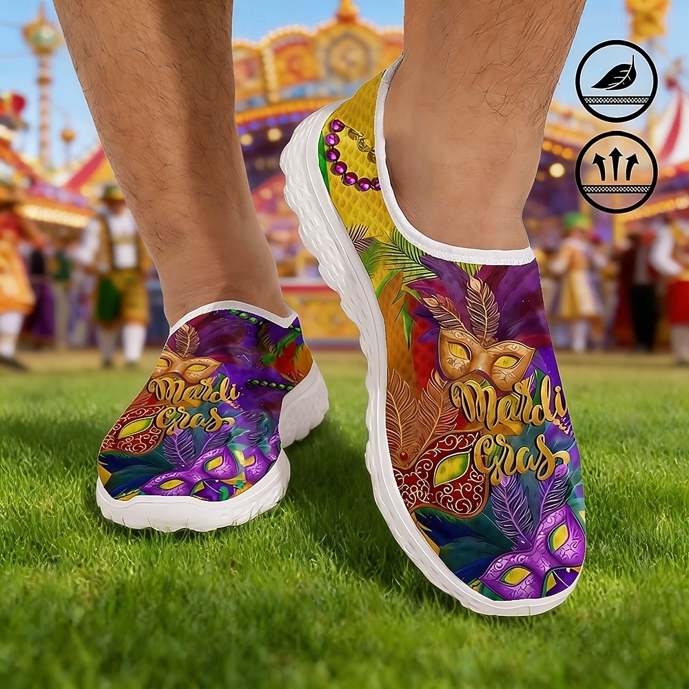 Scarpe casual slip-on con stampa di maschera per Mardi Gras da uomo - calzature festive leggere e traspiranti per sfilate di carnevale celebrazioni di strada feste a tema e uscite festive del 2026 a $32.99 –P2