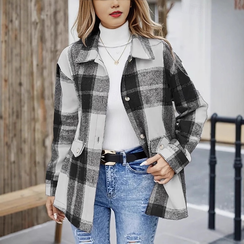 Women's Shirt Blouse Buttons Plaid Active Casual Long Sleeve Shirt Collar Regular Tops Daily Holiday Going out Blue Black Red Fall Winter 2026 - $26.99 –P1