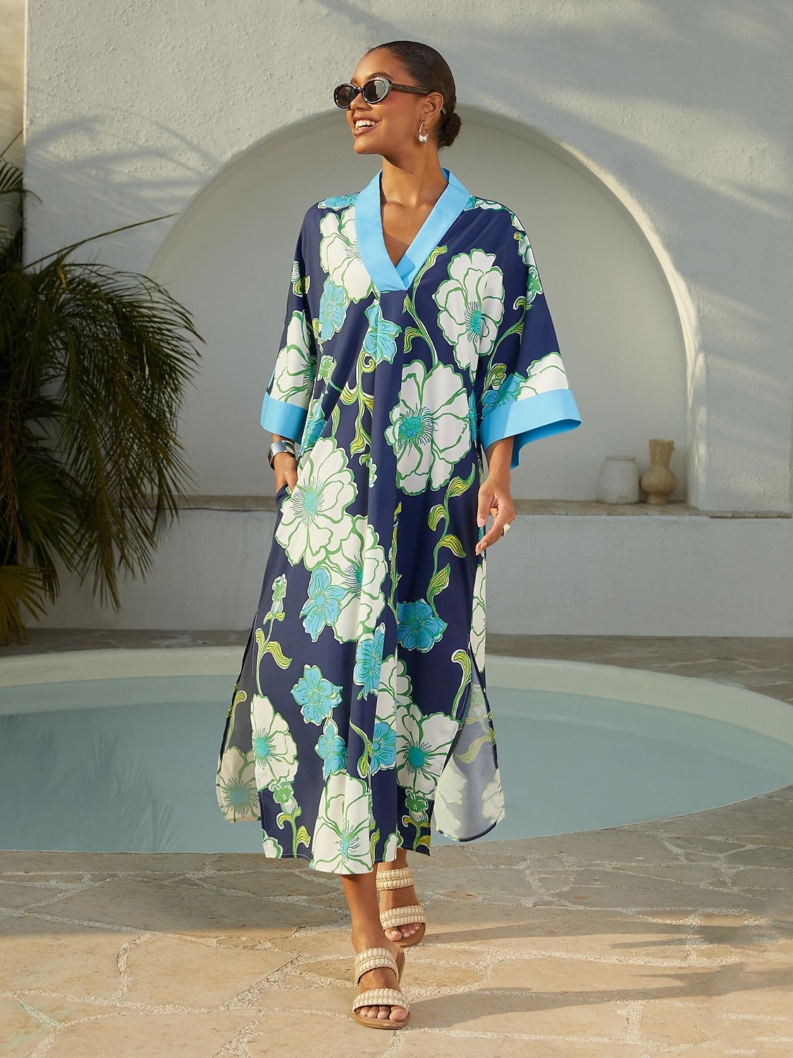 abito lungo da vacanza in rayon con maniche a dolman e motivo floreale color block del 2026 a $102.99 –P2