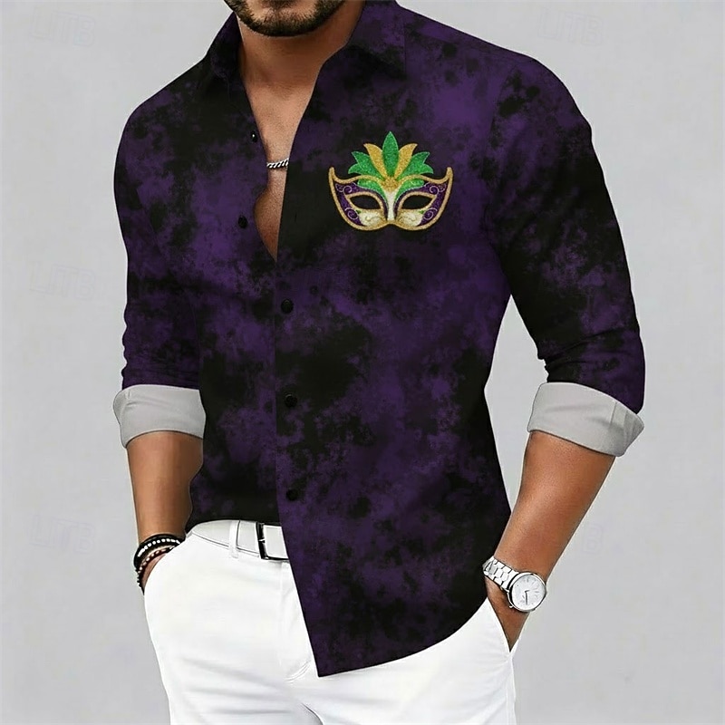 חולצת מרדי גרא לגברים עם צווארון כפתורים - עיטור מסכה גרפי בסגנון קרנבל 2026 - $27.99 –P1