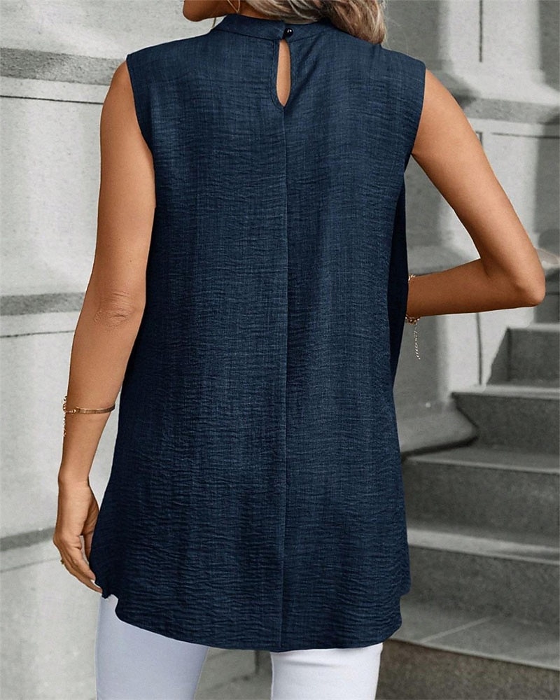 Women's Summer Tops Blouse Dressy Tops Ruched Patchwork Buttons Solid Color Plain Elegant Vintage Daily Sleeveless Crew Neck Regular Tops Daily Work Holiday Blue Black Wine Royal Blue Khaki Summer 2026 - BHD 9.26 –P2