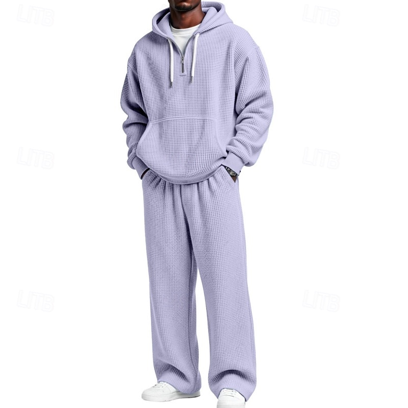 Homens Moletom Moletons Waffle Moletom com capuz e calças Conjunto Capuz Diário Ao ar livre Férias Roupa Diária Com Cordão Half Zip Tecido Vermelho Vinho Preto Branco Roupas Esportivas Esportes Moda de 2026 por $60.99 –P20