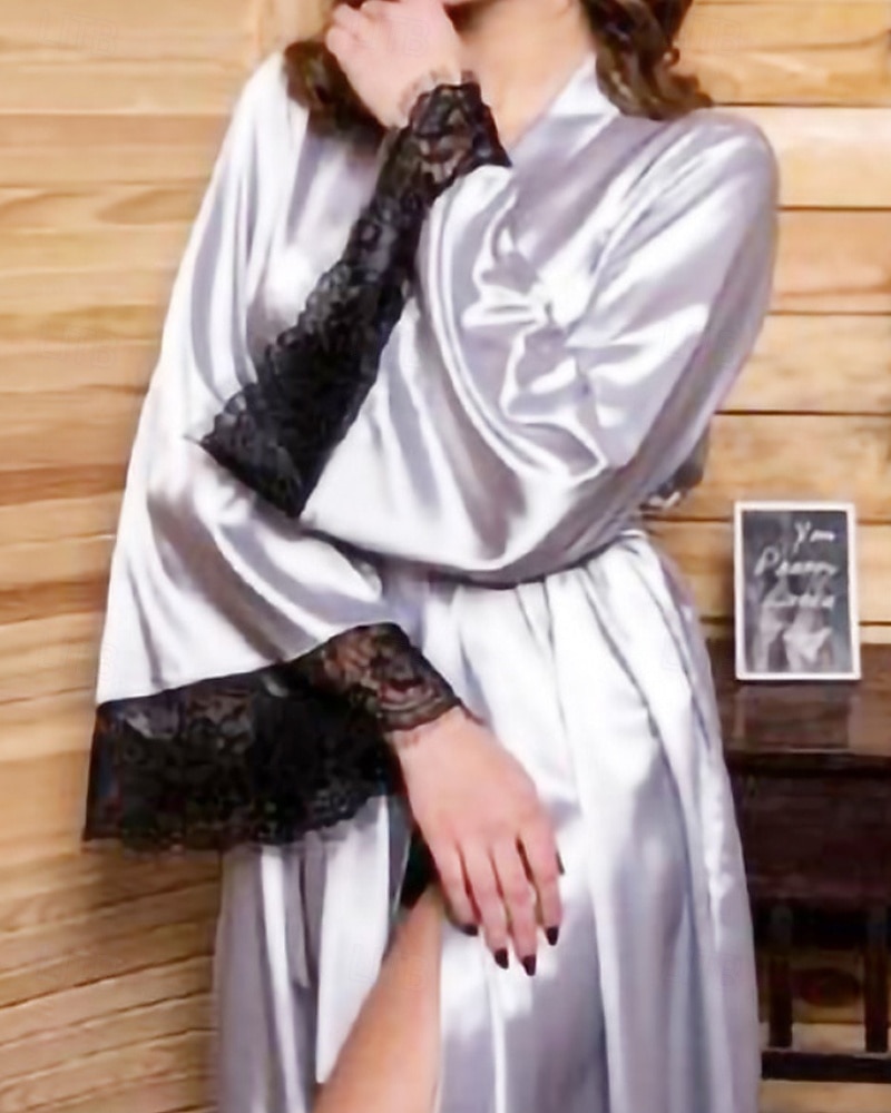 Dam Morgonrock Ledigt Mjukt Satin Ren färg Spets Dagligen Hem Säng Långärmad V-hals Silver Svart Vit Rodnande Rosa Vin Sommar Vår Lös passning 2026 - $11.49 –P6