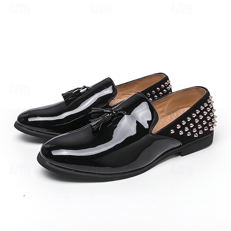 Mocasines negros de charol para hombre: elegantes zapatos sin cordones con detalles tachonados y un diseño moderno, ideales para salidas nocturnas, fiestas, eventos de moda y bodas. 2026 - $54.99 –P2