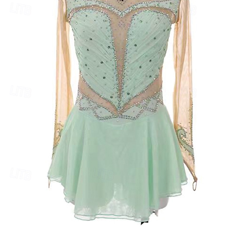 Kunstschaatsjurk Dames Voor meisjes Schaatsen Jurken Groen Lapwerk Duimopening Spandex Netstof Rekbaar Opleiding Oefenen Professioneel Kunstschaatskleding Thermisch Warm Kristal / Bergkristal Lange 2026 - $344.29 –P4