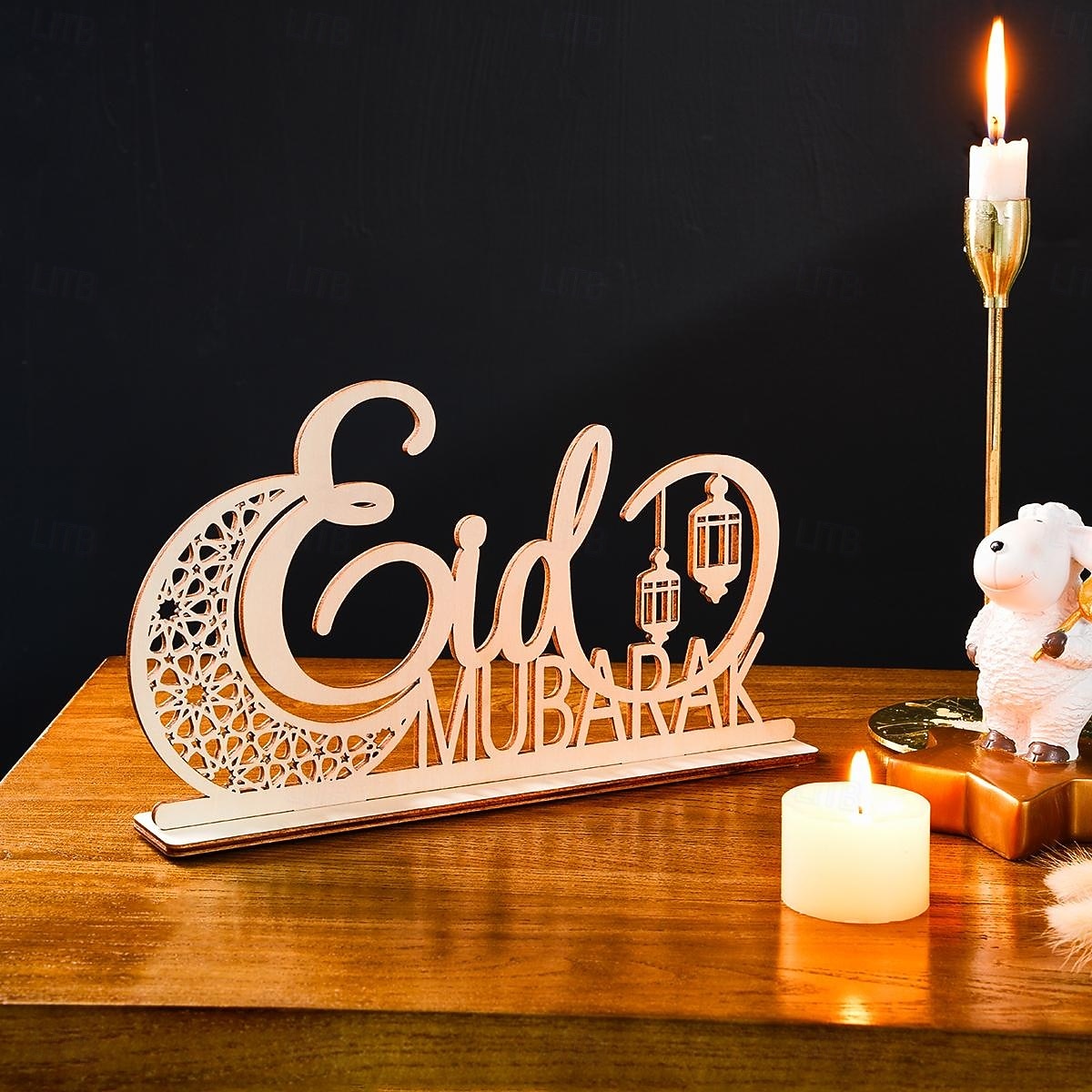 drewniana, pusta dekoracja z motywem księżyca i literą „mubarak” na ramadan i eid – złoty lustrzany akcent, idealna na ramadan, islamskie dekoracje świąteczne i domowe przyjęcia 2026 - $15.99 –P11