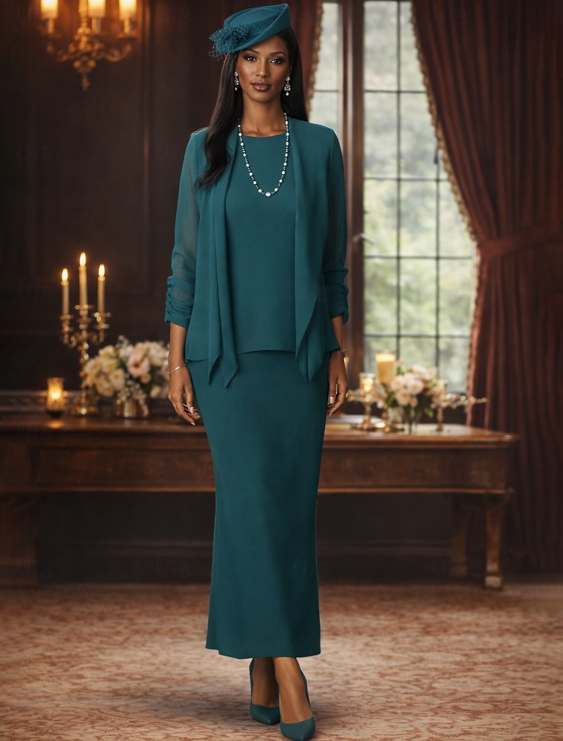 Duas Peças Tubinho Longo Vestido de convidada de casamento Vestido Para Mãe dos Noivos Manga Longa Scoop pescoço Elegante Formal Convidado do casamento Chiffon Embrulho incluido com Cor Única de 2026 por $142.99 –P1