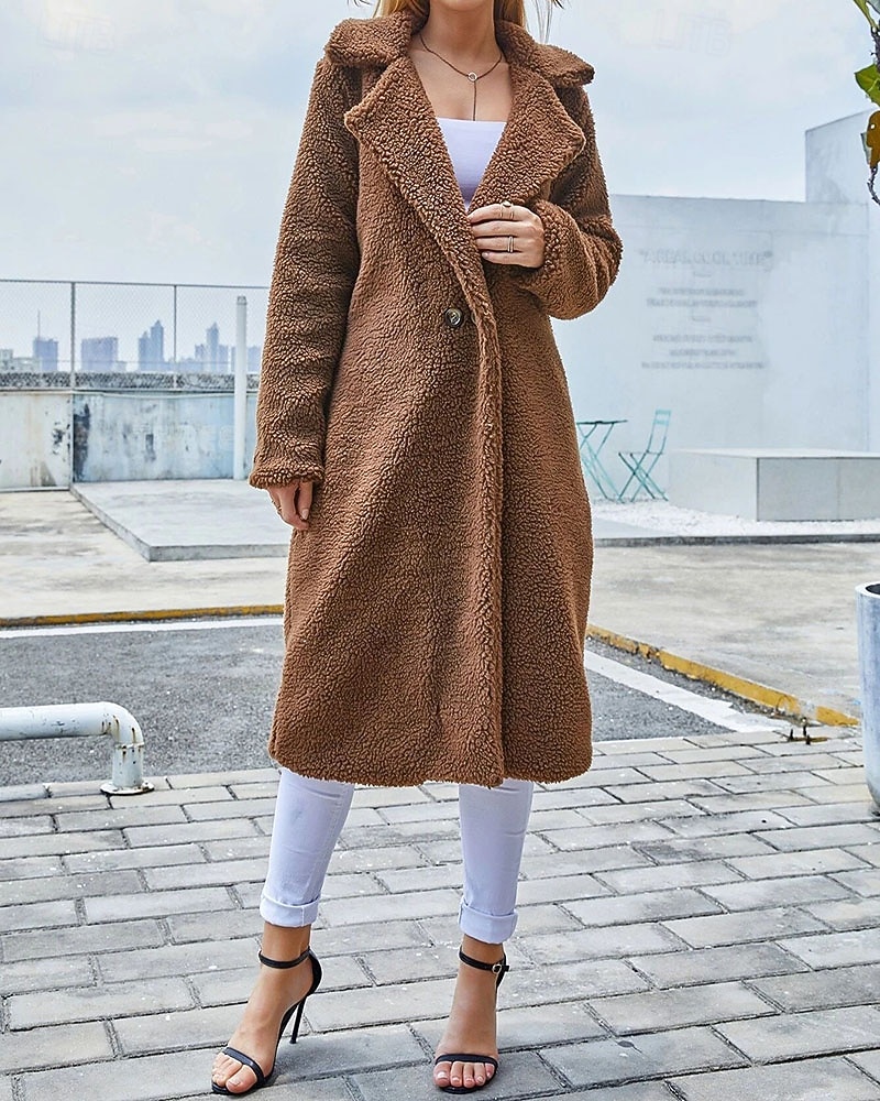 Women's Winter Coat Teddy Coat Coat Windproof Warm Patchwork Buttons Elegant Fashion Casual Plain Daily Outdoor Street Long Lapel Regular Fit Long Sleeve Outerwear Coffee Fall Winter 2026 - $74.99 –P1